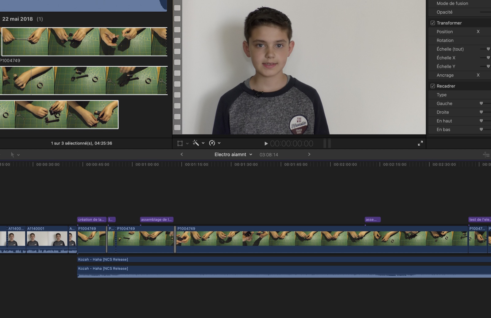 Timeline de montage de 2018, Lucas enfant sur sa chaîne de bricolage